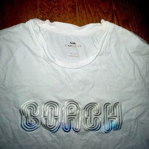 White coach T-shirt with white & blue letters